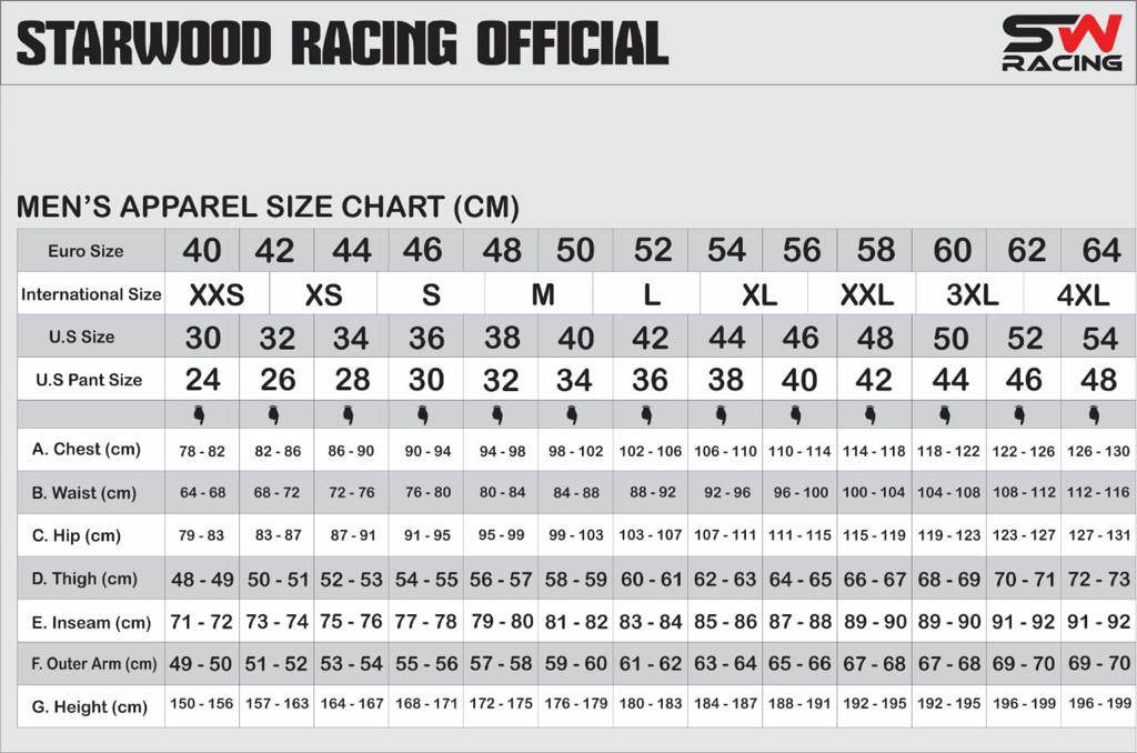 Starwood Racing men's apparel size chart in centimeters