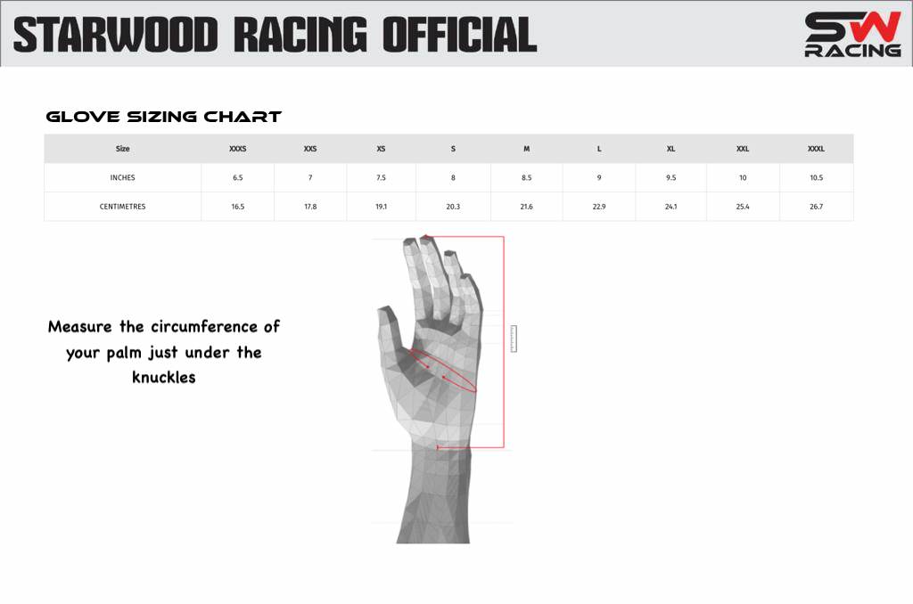 Starwood Racing glove sizing chart